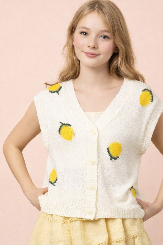 Lemon Graphic Button Down Sweater Top