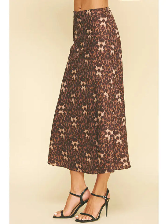 Leopard Sliky Block Detailed Midi Skirts