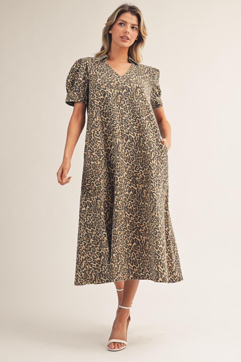 Leopard Print Woven Midi Dress