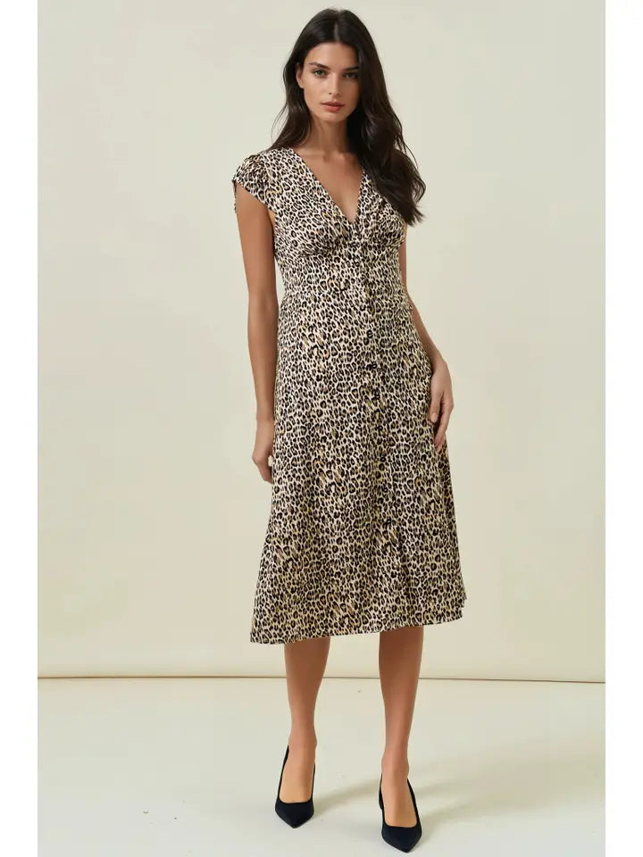 Leopard Print Midi Dress w/ Smocked Waist