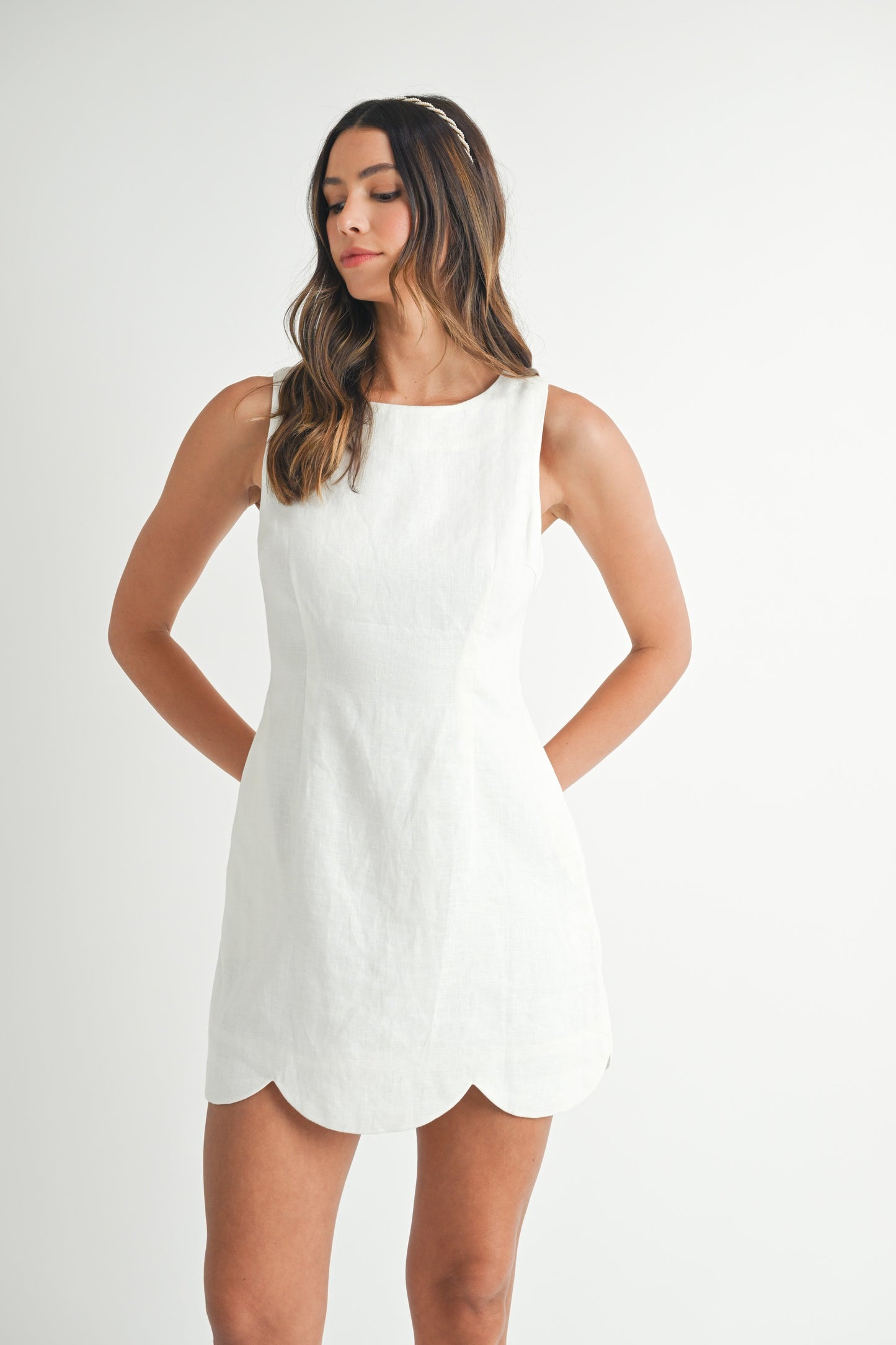 Linen Mini Dress With Scallop Hem