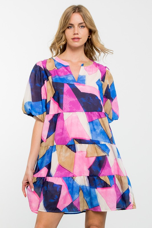 Puff Sleeve Multi Color Dress