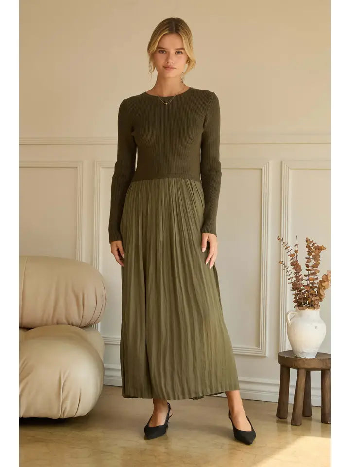 Mixed Media Long Sleeve Maxi Dress