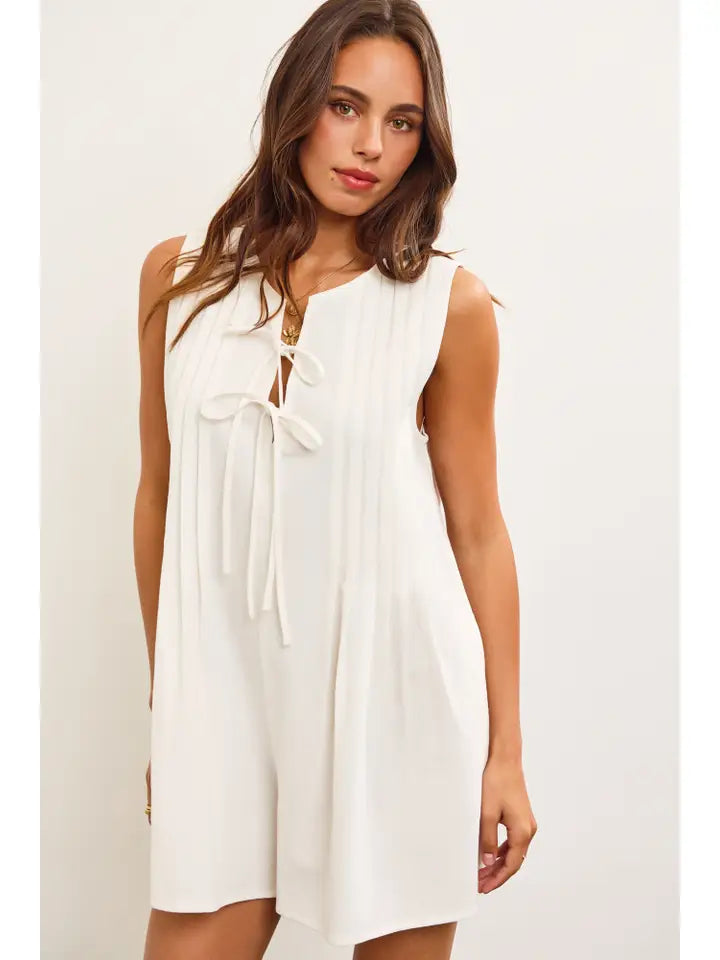 TIED FRONT PLEATED SLEEVELESS ROMPER