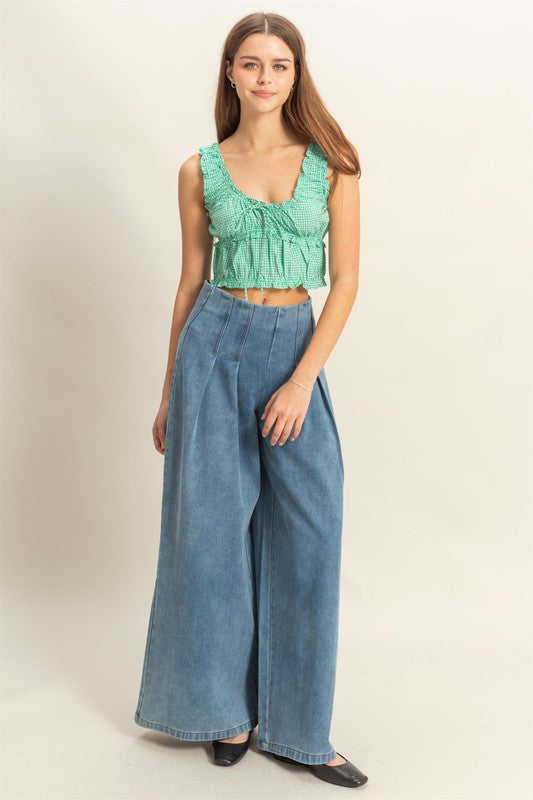 Pleated Wide Leg Denim Pant