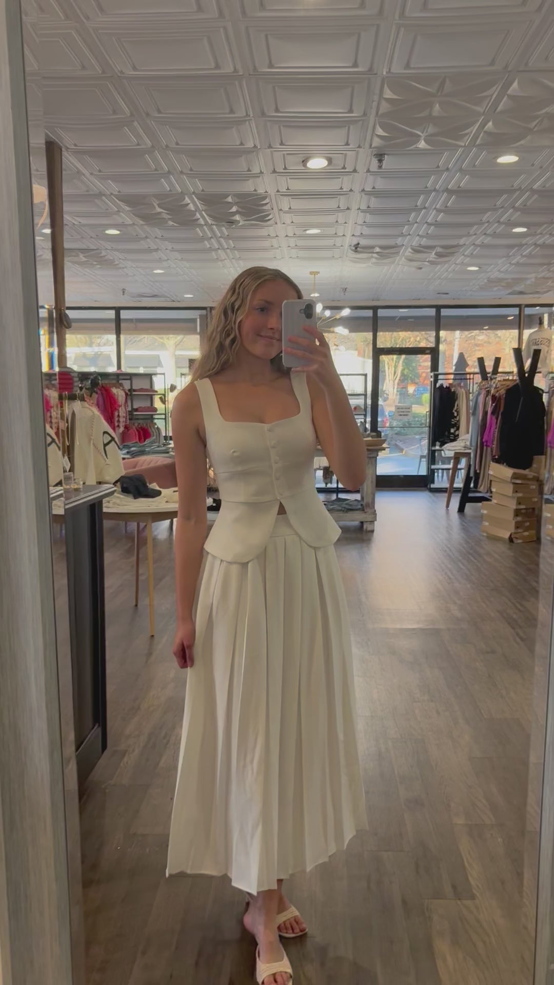 Load and play video in Gallery viewer, Crepe Square Neck Button Down Vest And Skirt Set
