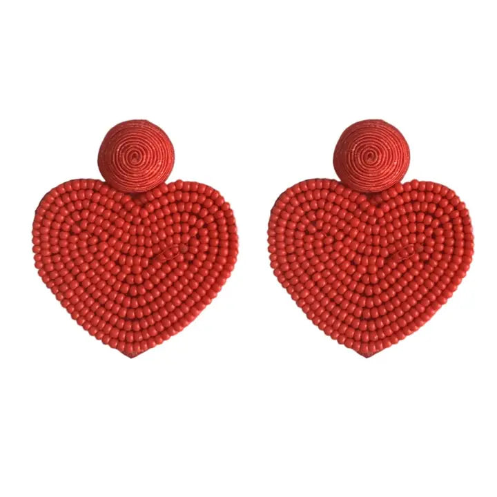 Red Beaded Heart Statement Earrings