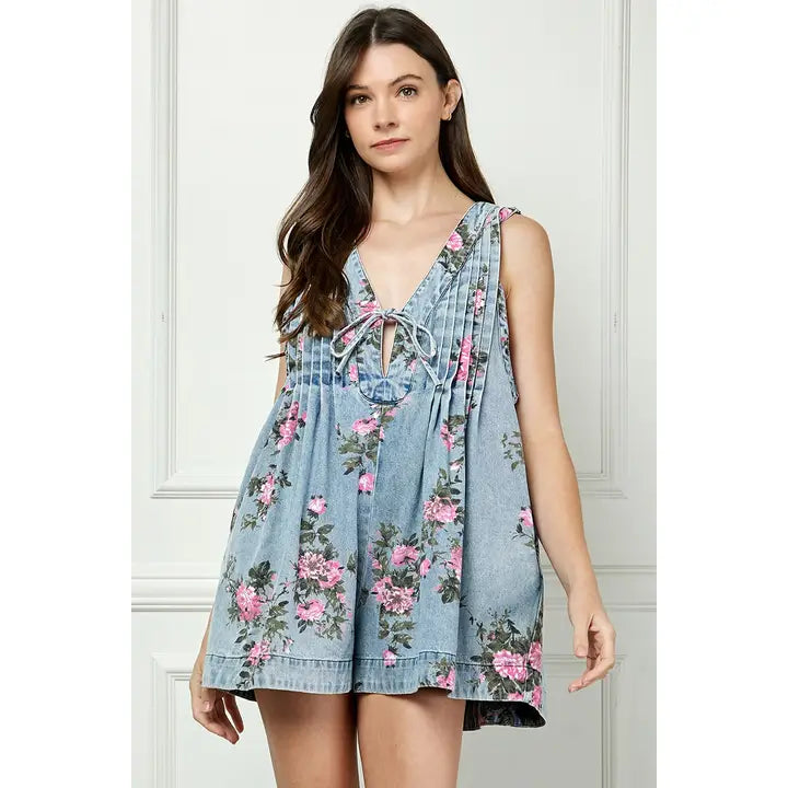 Printed Pleated V Neck Sleeveless Romper