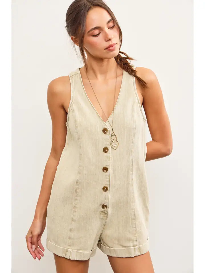 Button Closure V Neck Sleeveless Romper
