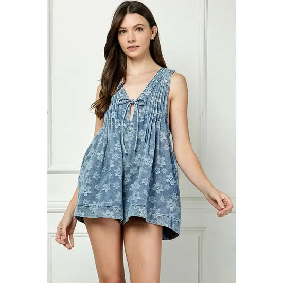 Printed Pleated V Neck Sleeveless Romper