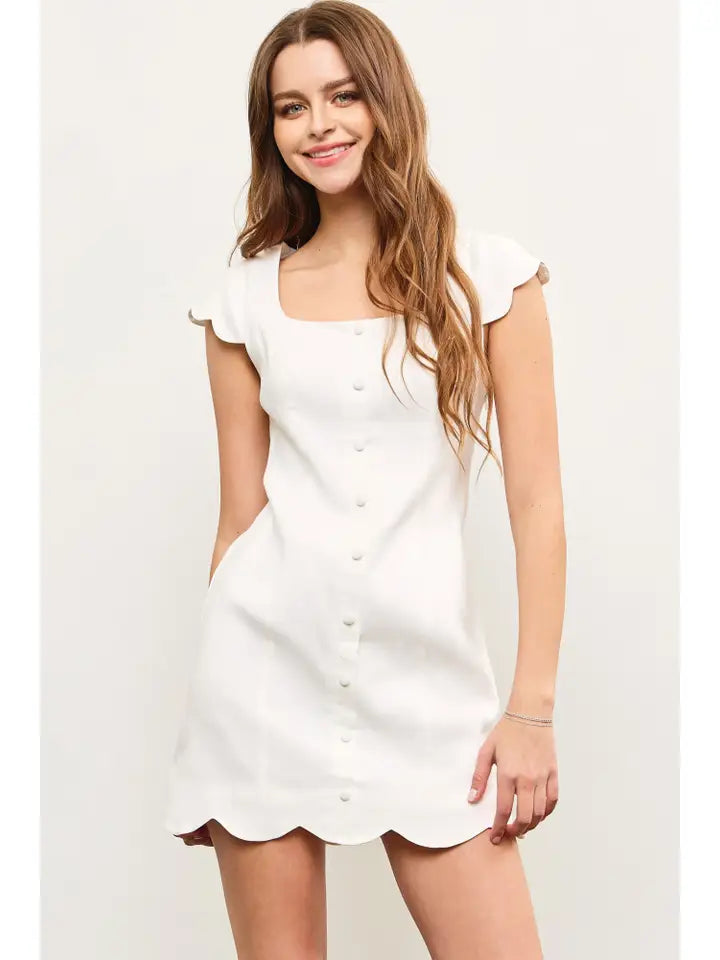 SCALLOP EDGE CAP SLEEVE BUTTON UP DRESS