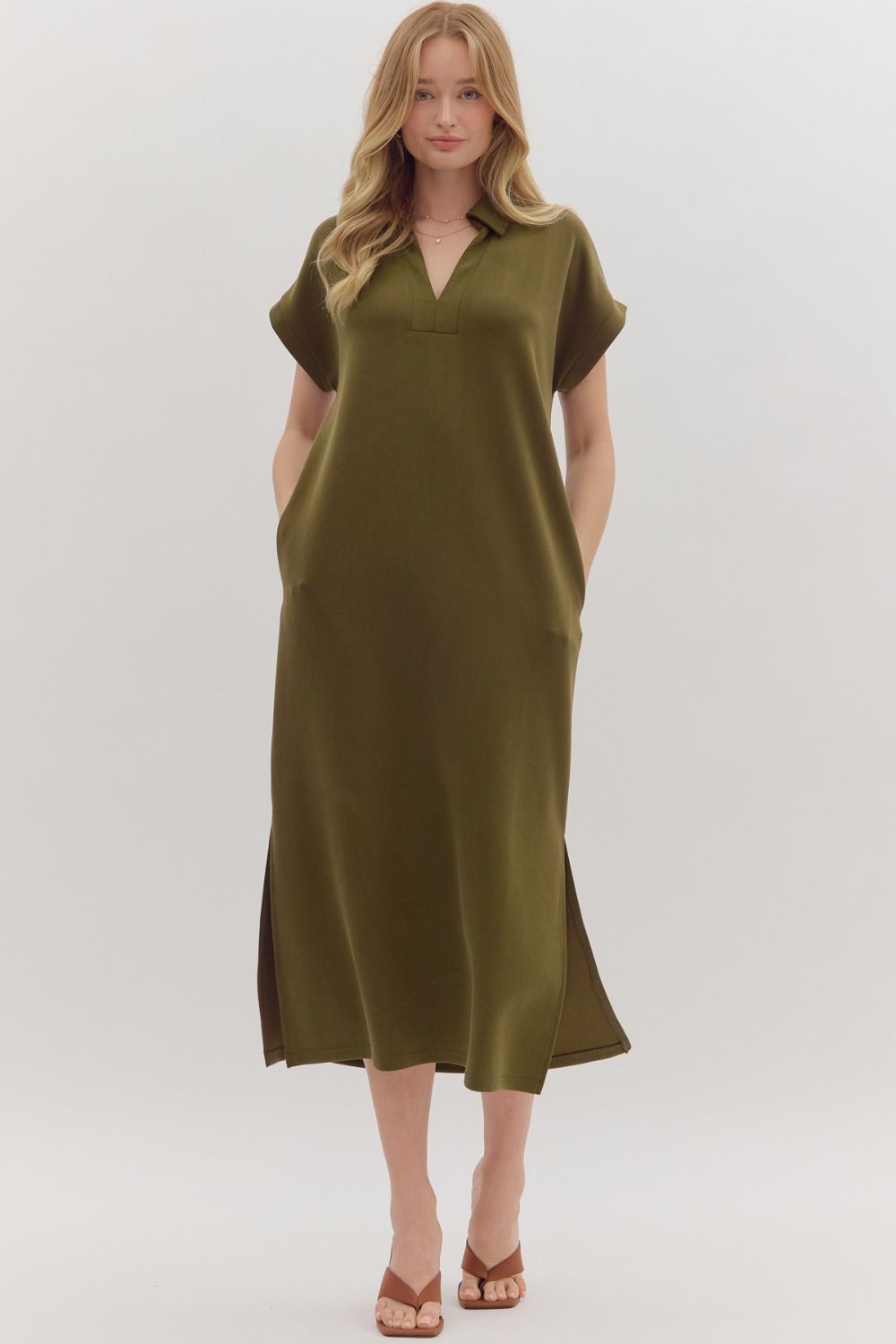 Solid Knit Collar Midi Dress