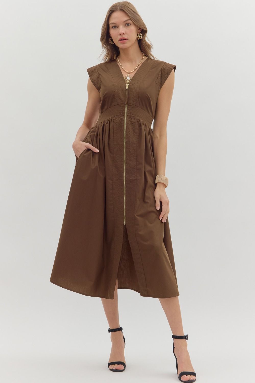 Solid V-Neck Front Zip Maxi Dress