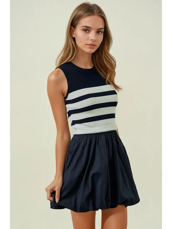 Striped Knit Bubble Hem Mix Mini Dress
