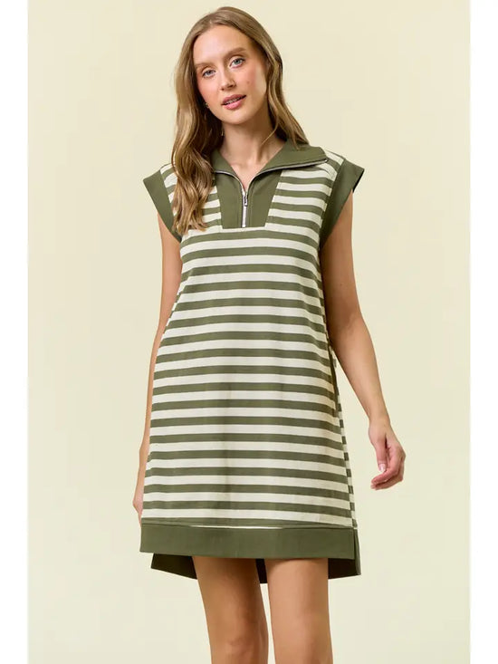 Stripe Half Zip-Up Cap Sleeve Mini Dress