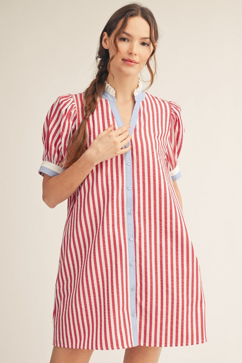 Button Down Stripe Shift Dress
