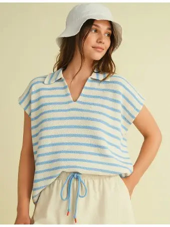 Striped Collared V Neck Top