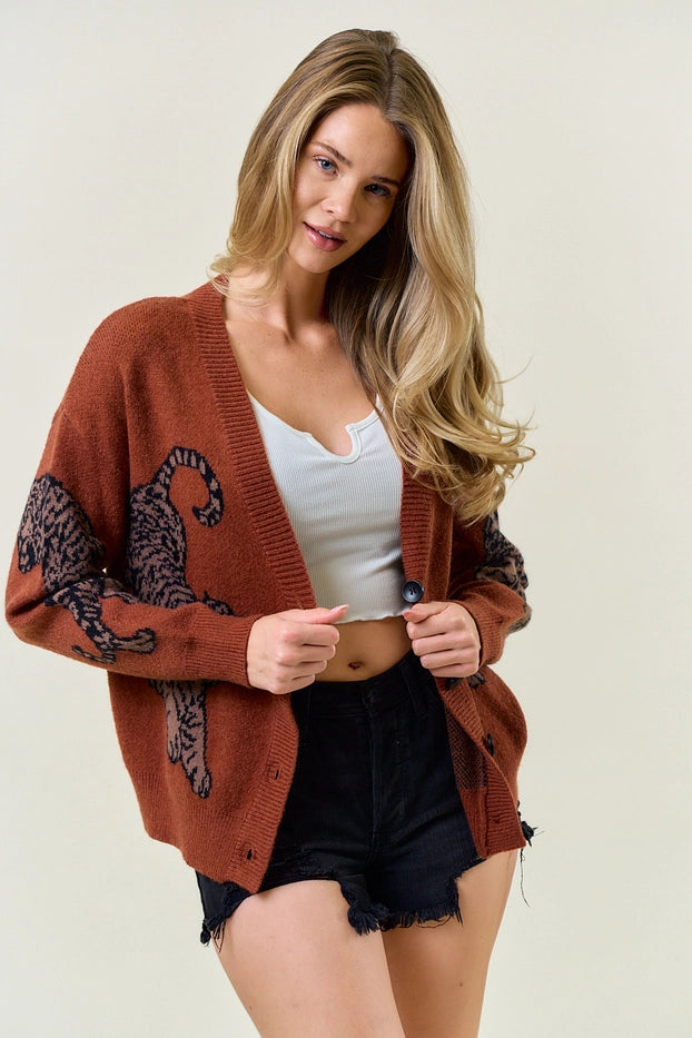 Tiger Printed Sweater Cardigan
