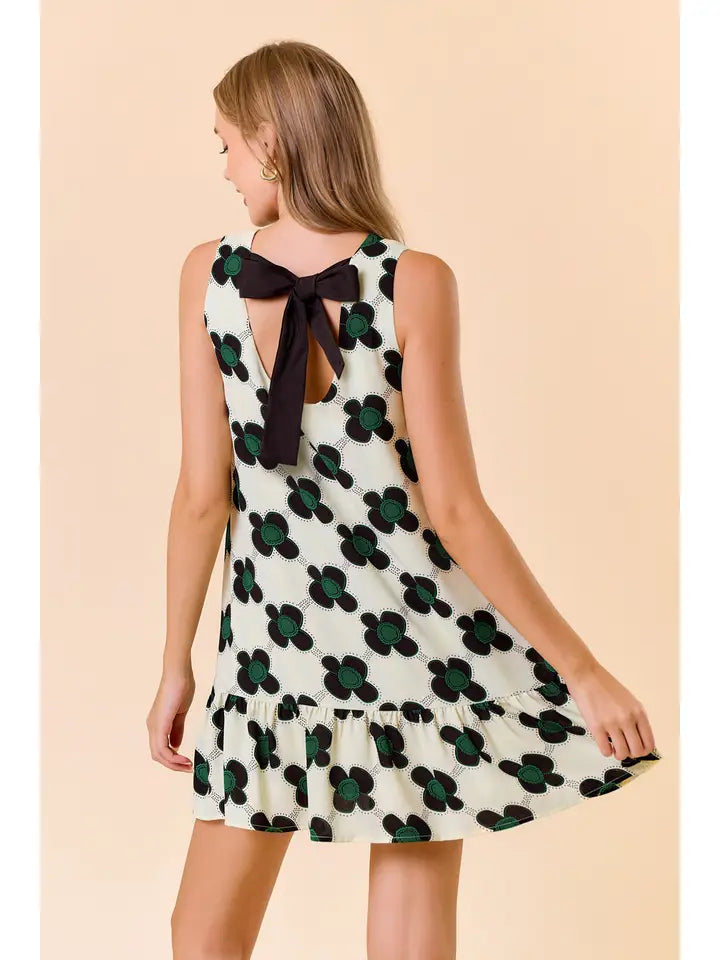 Twill Round Neck Floral Tie Back Mini Dress