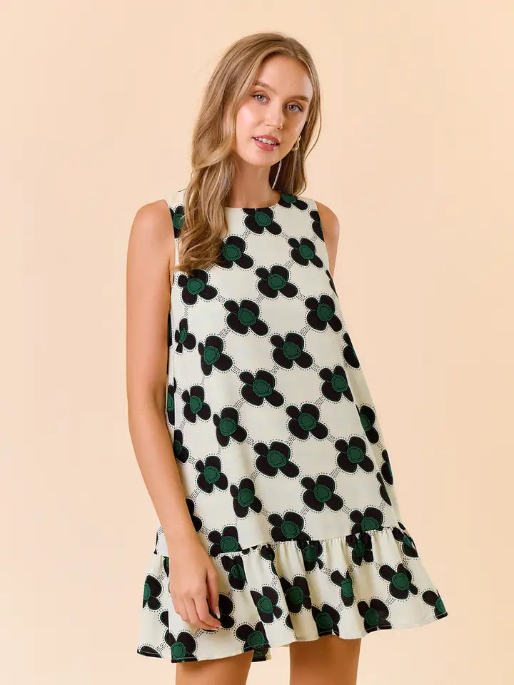 Twill Round Neck Floral Tie Back Mini Dress