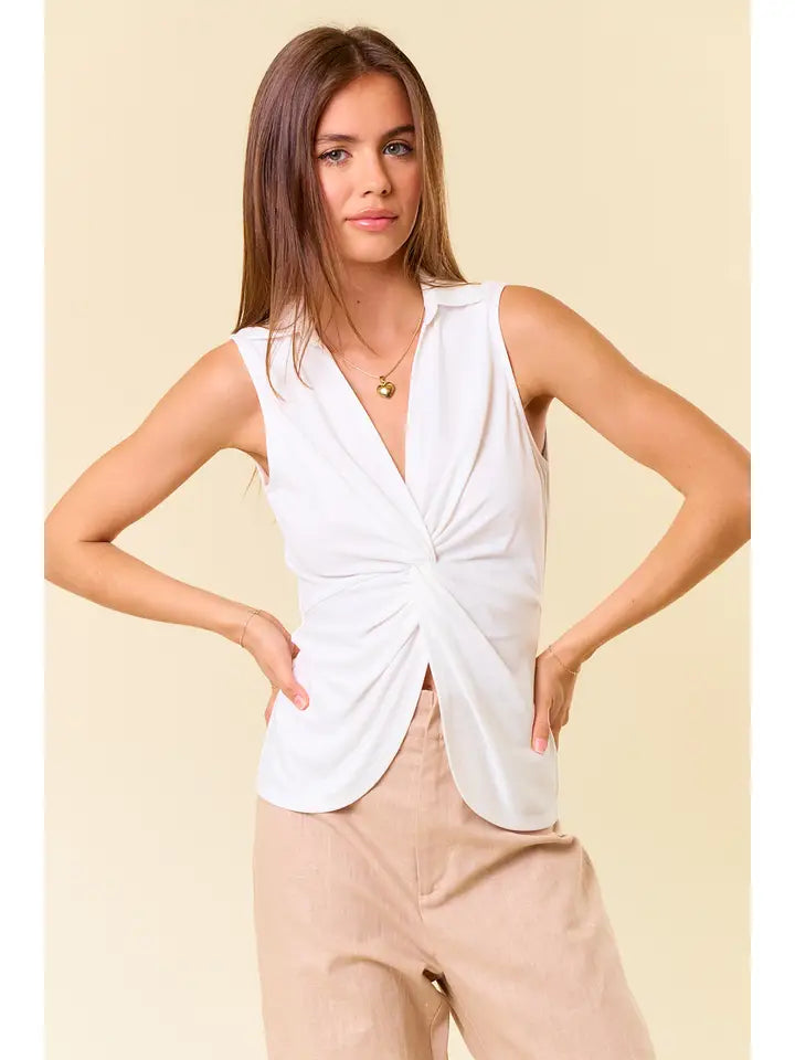 Collared V-Neck Front Twisted Top