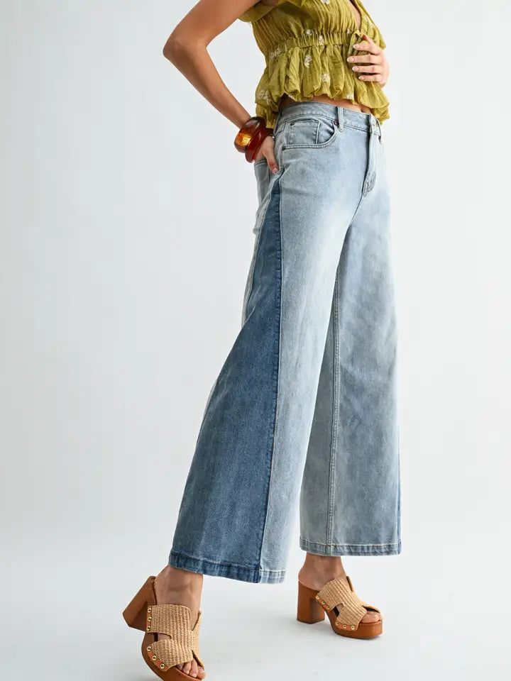 Wide-Leg Two-Tone Jeans