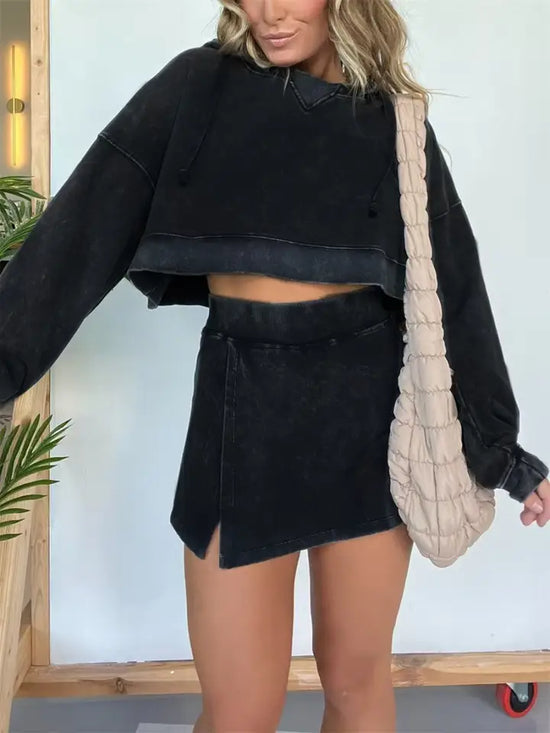 Washed Cropped Hoodie & Mini Skirt Set