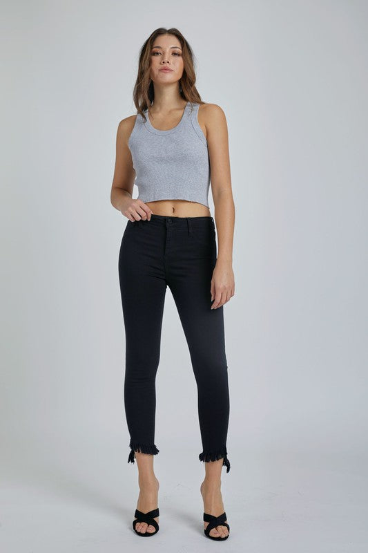 Load image into Gallery viewer, Black Mid Rise Crop Skinny w. Fray Hem
